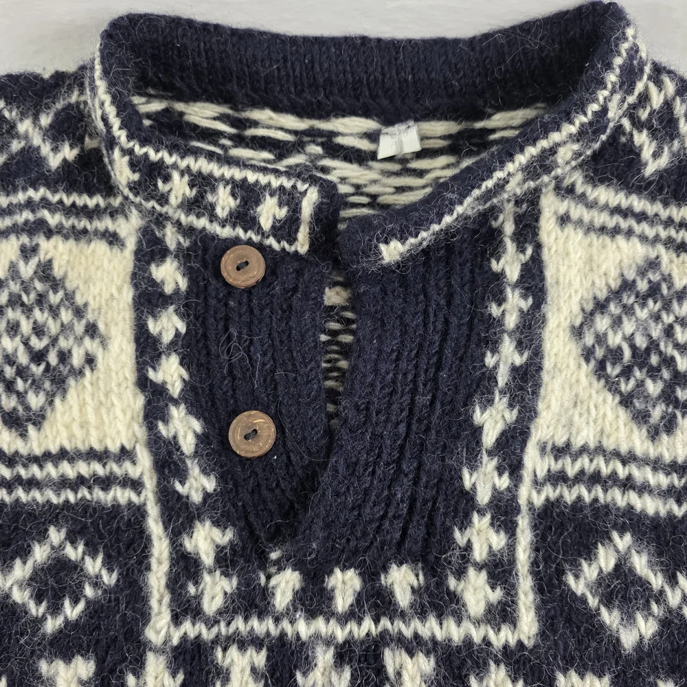 Nepal Men's Chunky Hand Knit Wool Sweater Black White Nordic Pattern - Picture 5 of 12